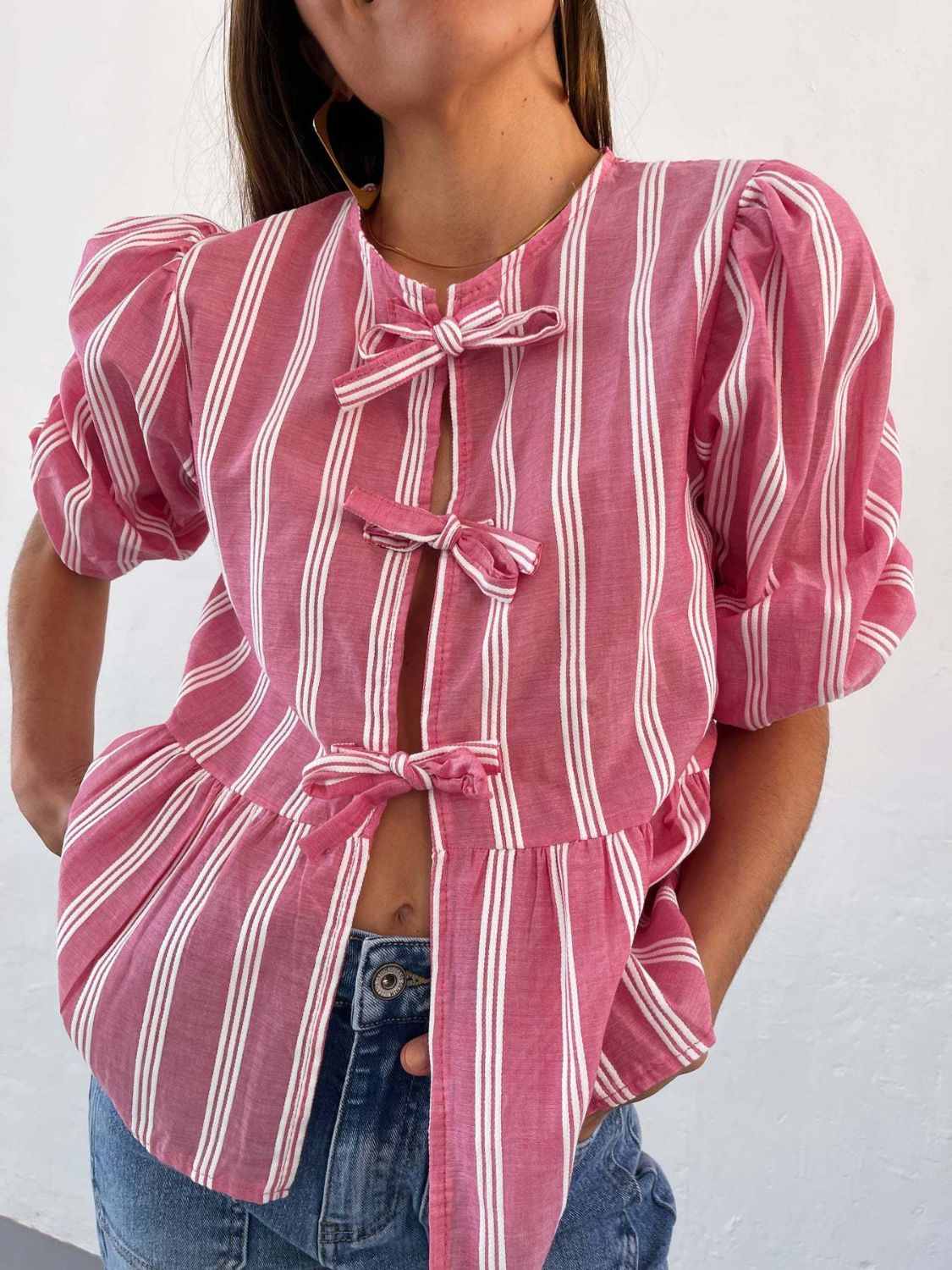 Tied Round Neck Balloon Sleeve Shirt - Sydney So Sweet