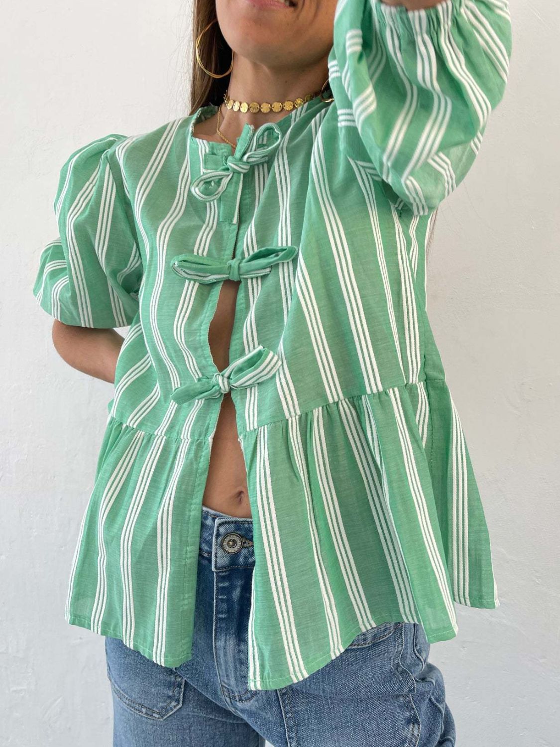 Tied Round Neck Balloon Sleeve Shirt - Sydney So Sweet