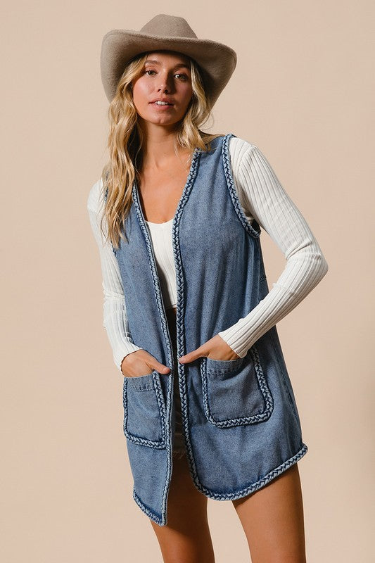 BiBi Braided Trim Open Front Denim Vest with Pockets - Sydney So Sweet