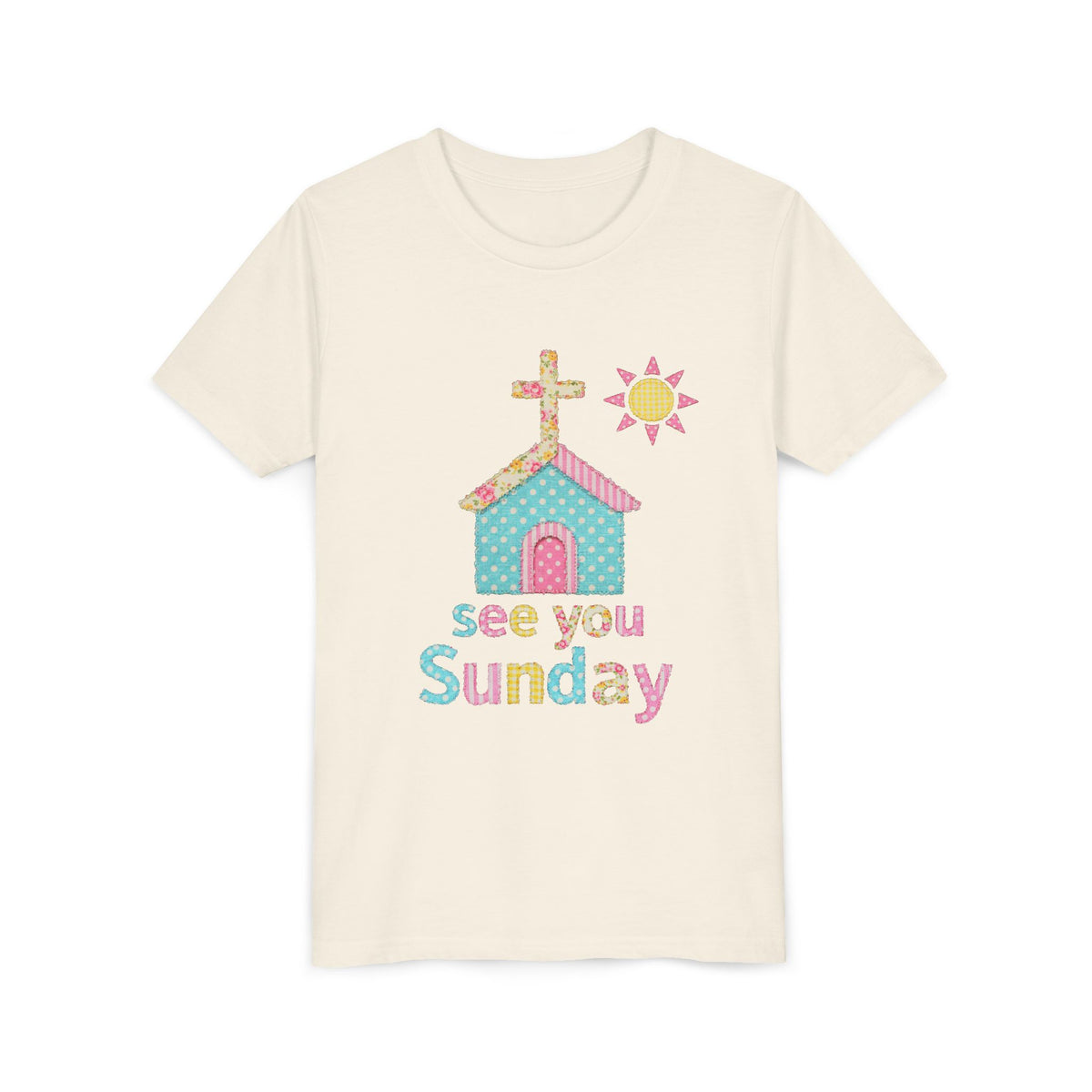 See You Sunday Kids T-Shirt Cute Patchwork Church Christian Graphic Tee