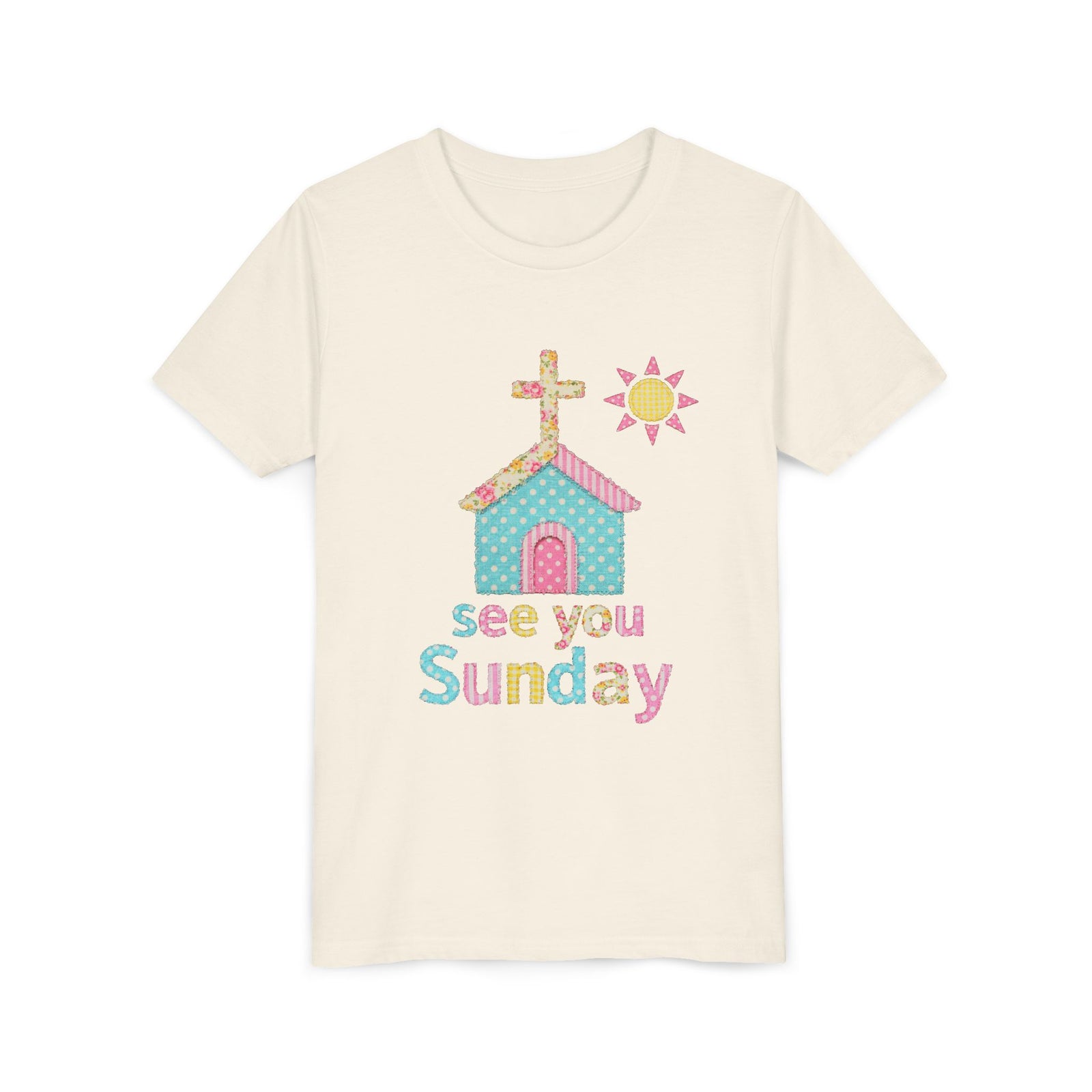 See You Sunday Kids T-Shirt Cute Patchwork Church Christian Graphic Tee