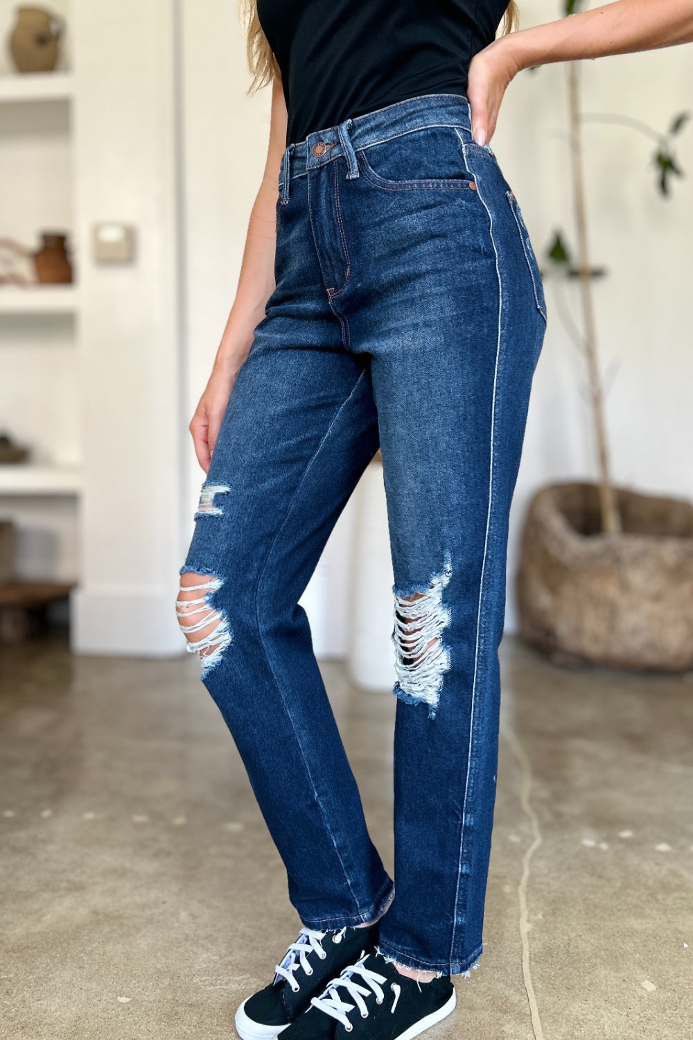 Judy Blue Full Size High Waist Rigid Magic Heavy Destroy Straight Jeans - Sydney So Sweet