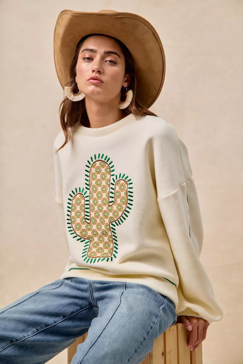 BiBi Cactus Embroidered Fleece Sweatshirt - Sydney So Sweet