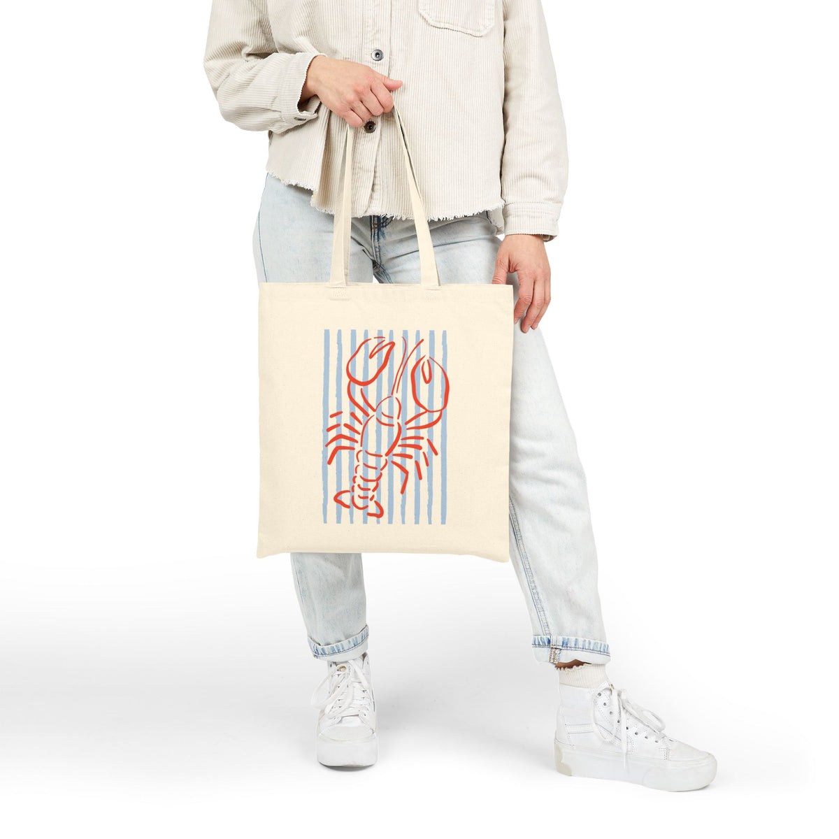 Lobster Stripe Cotton Canvas Tote Bag Beachy Nautical Grocery Shopper