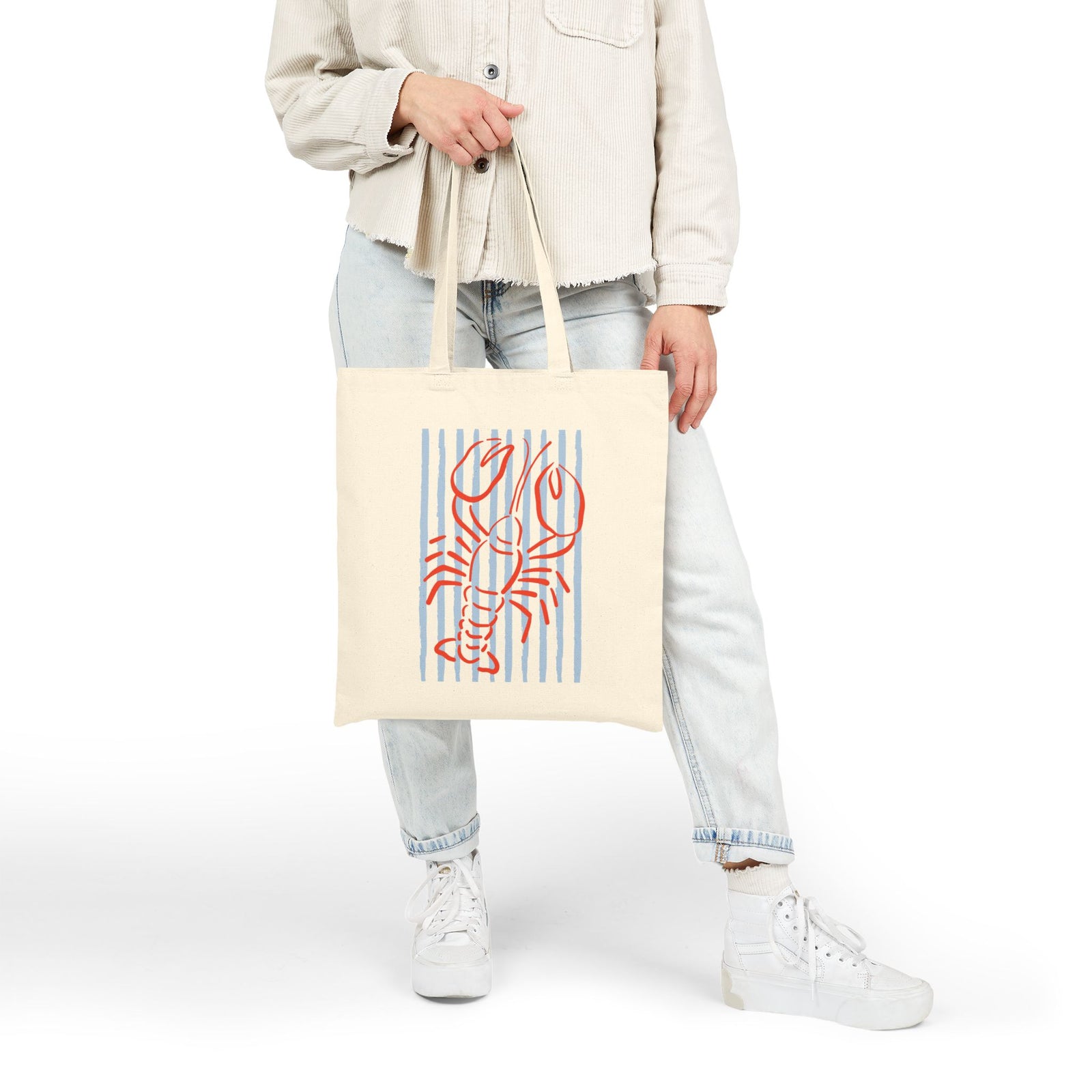 Lobster Stripe Cotton Canvas Tote Bag Beachy Nautical Grocery Shopper