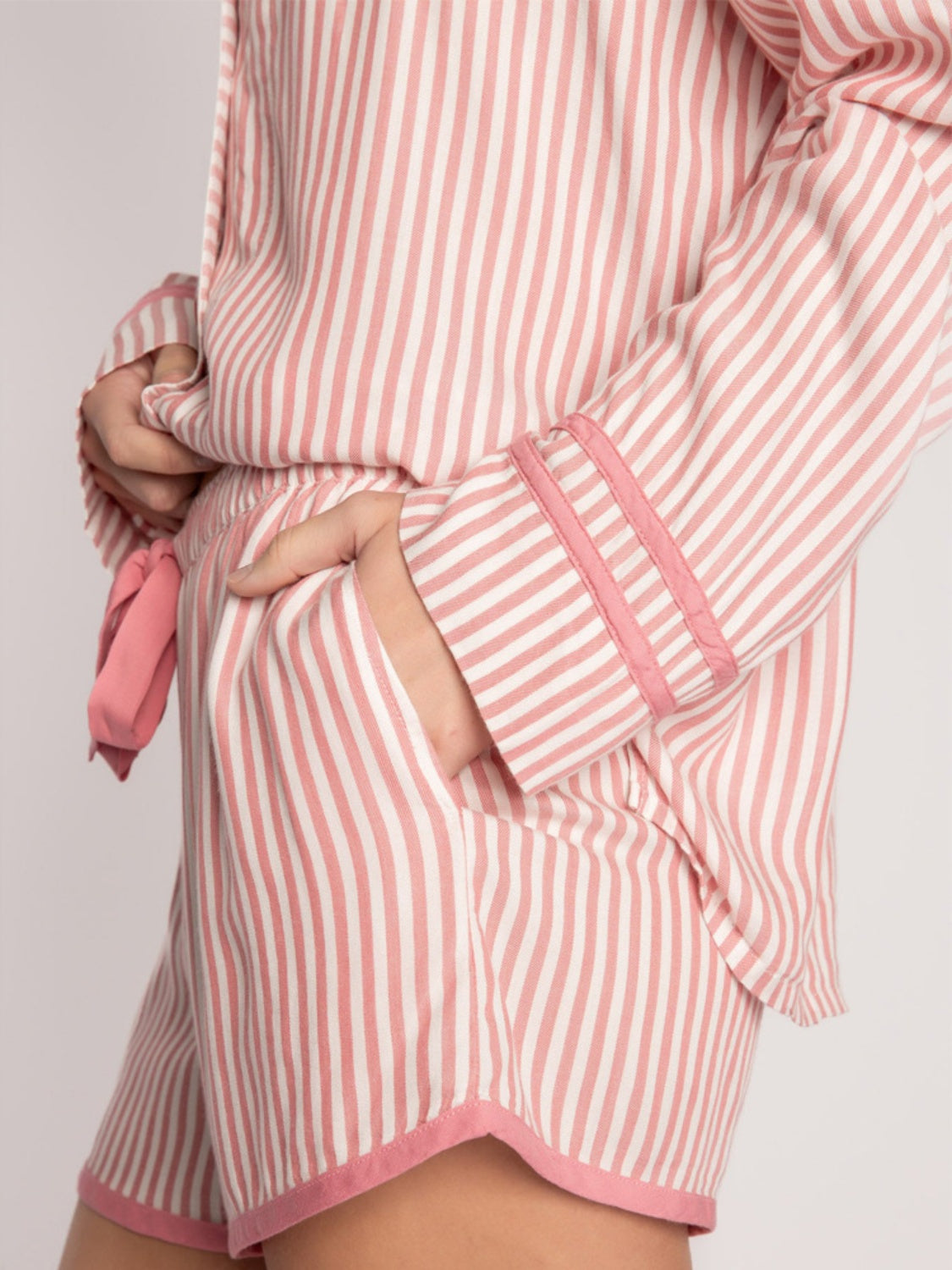 Striped Collared Neck Long Sleeve Top and Shorts Lounge Set - Sydney So Sweet