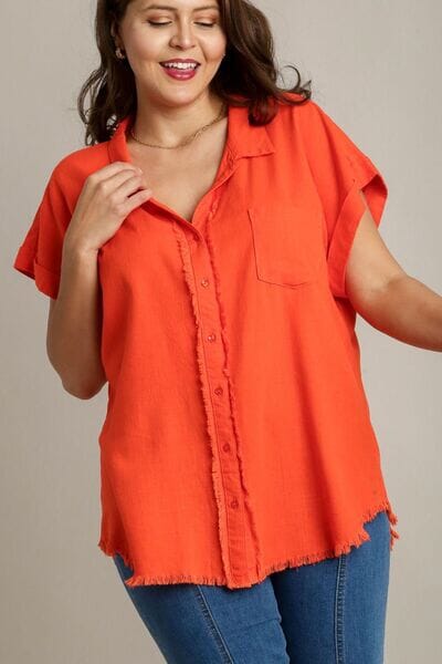 Umgee Full Size Linen Blend Button Down Short Folded Sleeve Shirt Plus Size - Sydney So Sweet