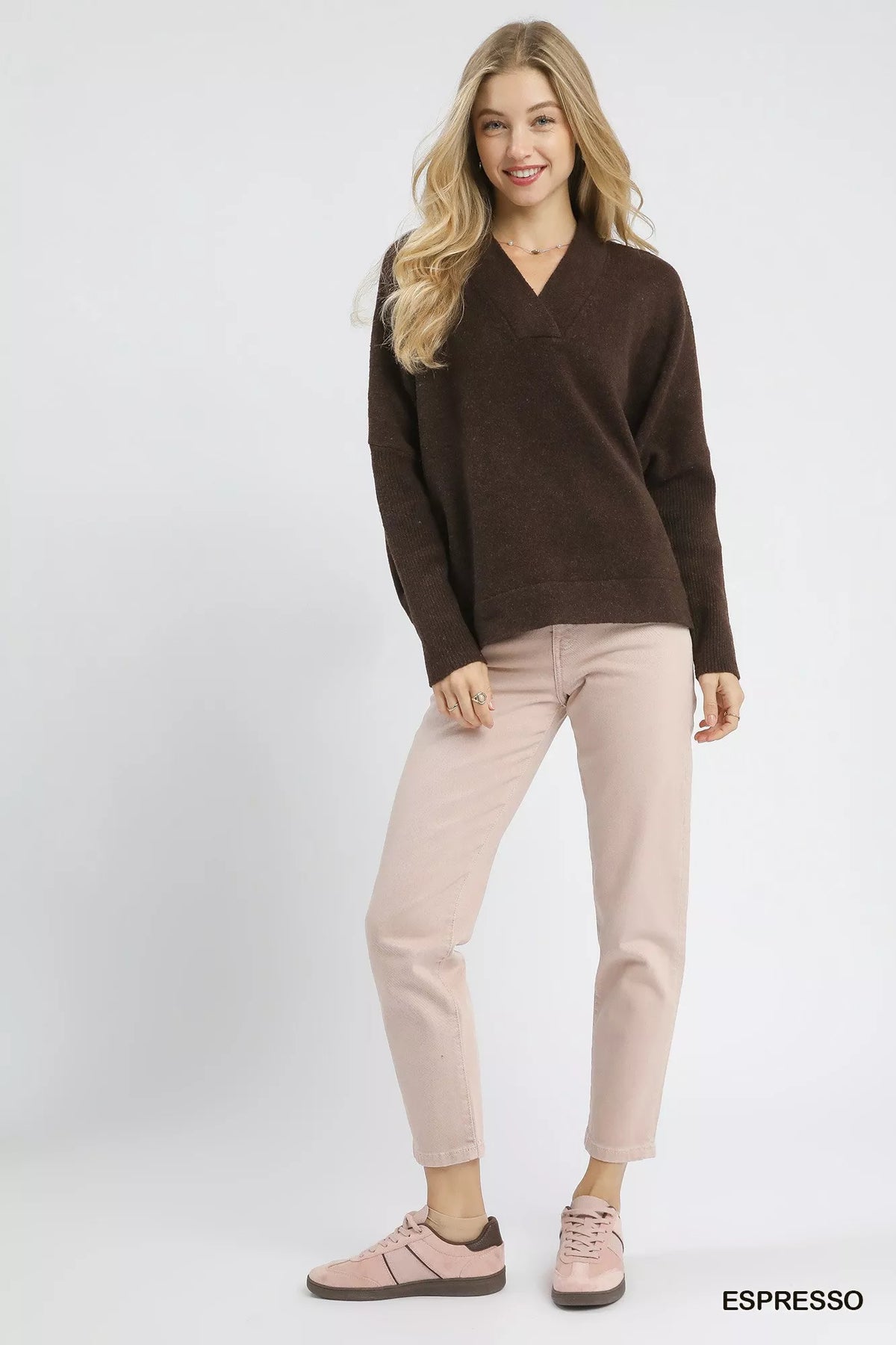 Umgee V-Neck Sweater with Wide Trim Detail - Sydney So Sweet