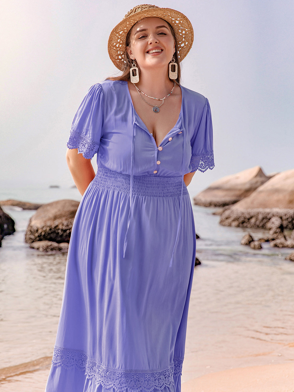 Plus Size Lace Detail Tie Neck Short Sleeve Maxi Dress - Sydney So Sweet