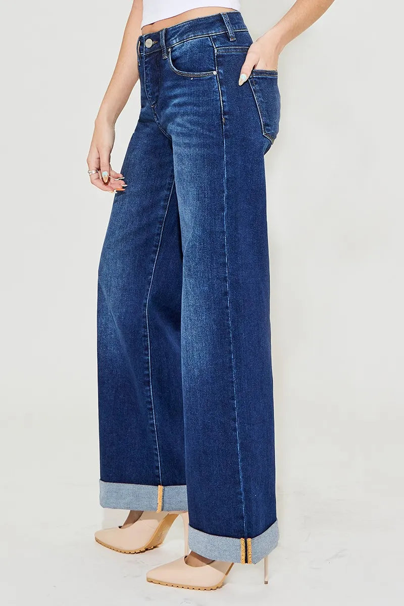 RISEN Full Size Tummy Control High Rise Wide Leg Cuffed Jeans Plus Size - Sydney So Sweet