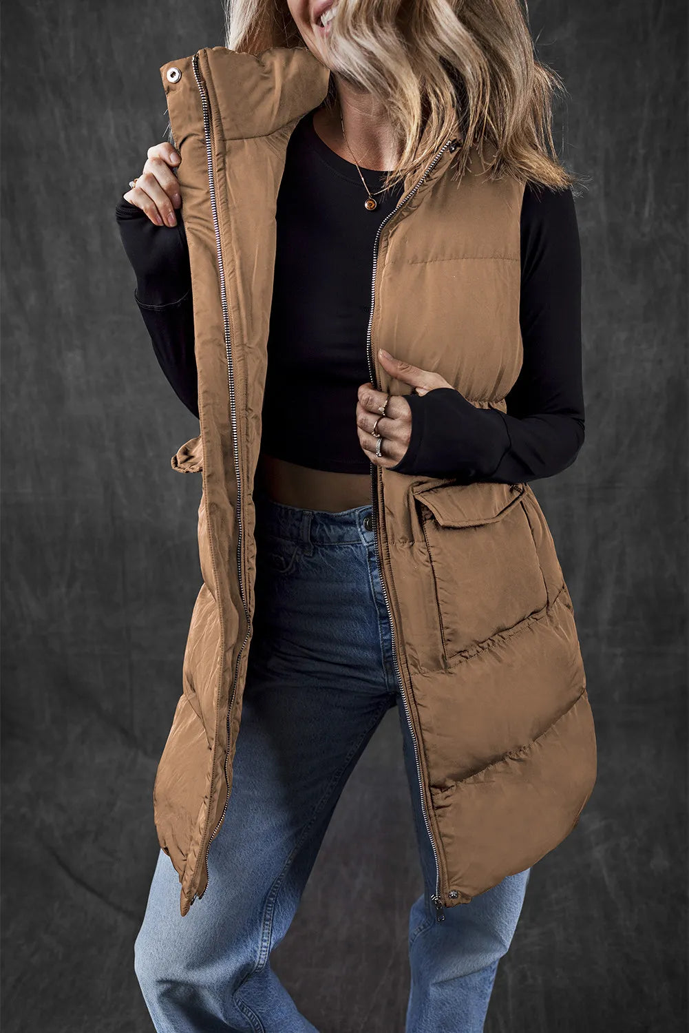 Pocketed Zip Up Vest Coat - Sydney So Sweet