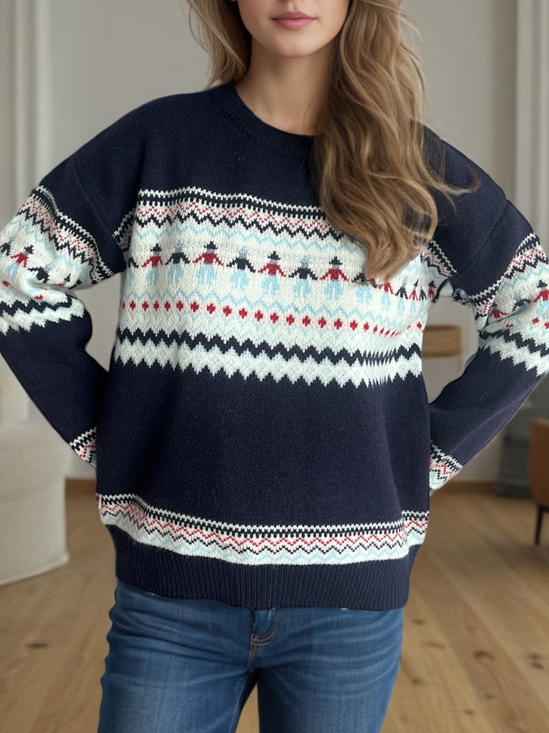 Contrast Round Neck Dropped Shoulder Sweater - Sydney So Sweet