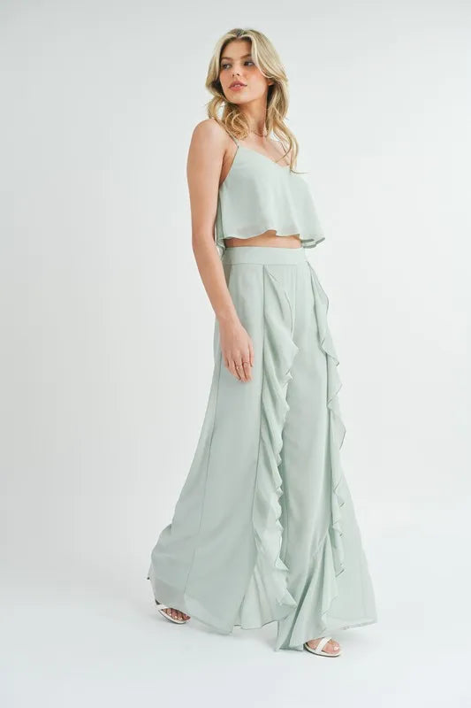 MABLE Crop Cami and Ruffled Wide Leg Pants Set - Sydney So Sweet