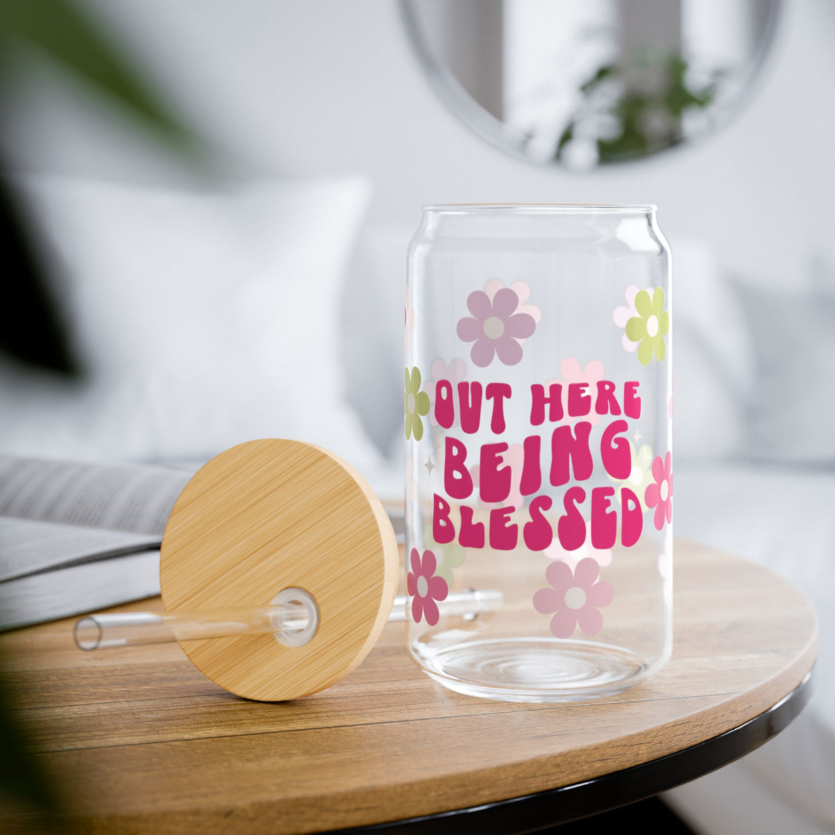 Out Here Being Blessed Retro Floral Sipper Glass 16oz — Reusable Drink Jar with Lid & Straw