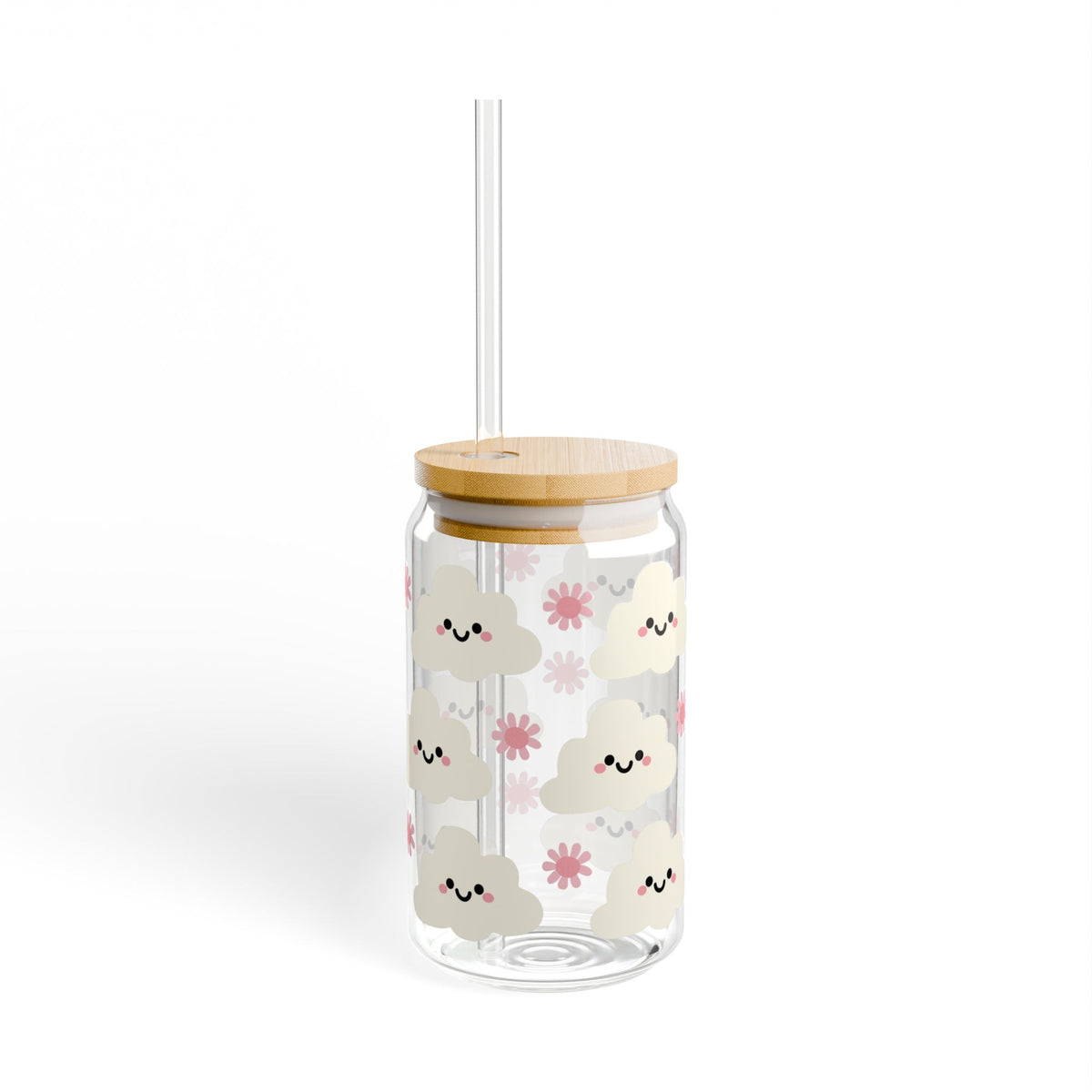 Cute Kawaii Cloud Tumbler Sipper Glass 16oz — Reusable Drink Jar with Lid & Straw