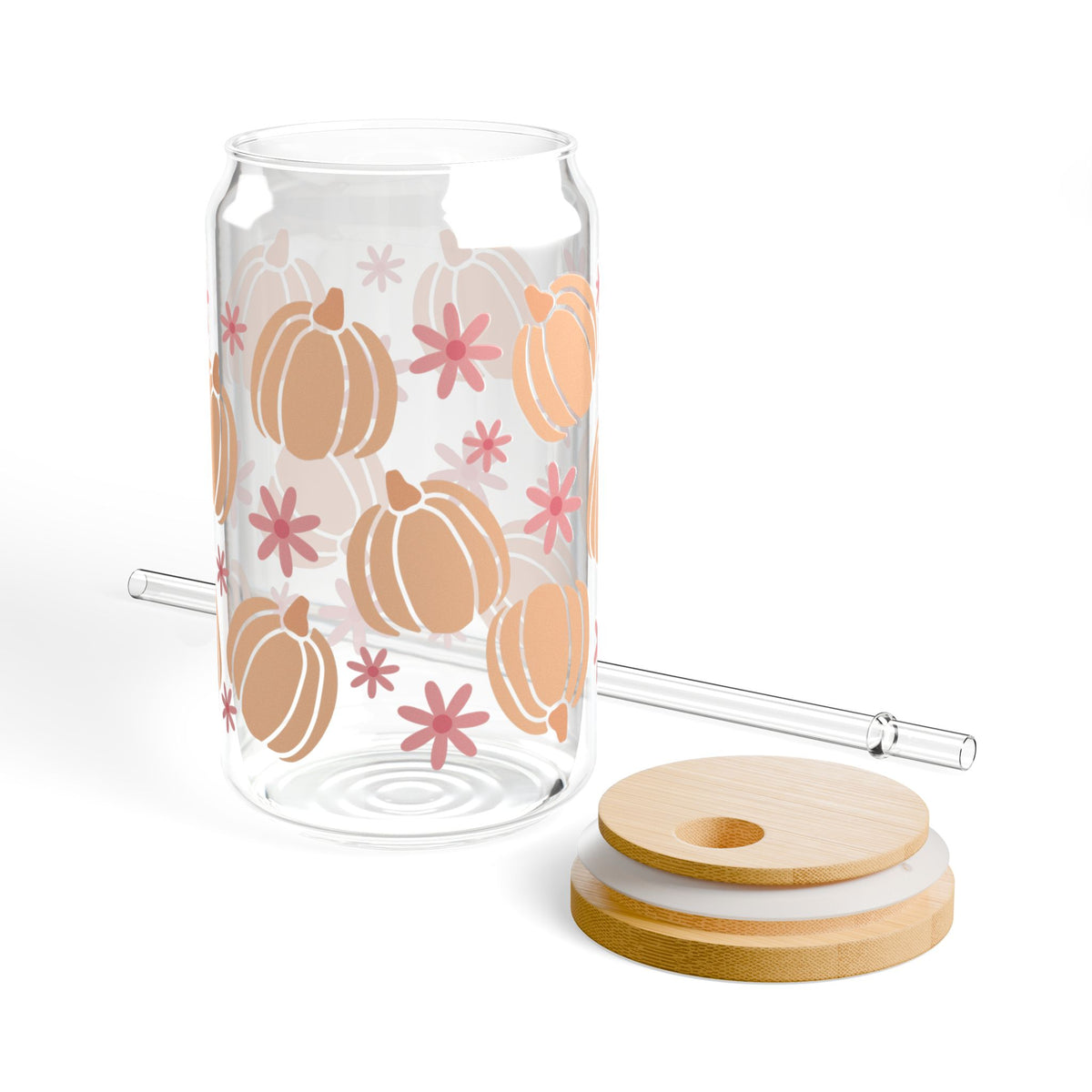 Pumpkin Floral Halloween Sipper Glass 16oz Reusable Drink Jar with Lid & Straw