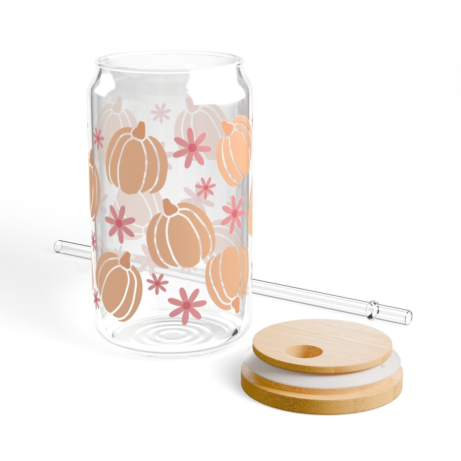 Pumpkin Floral Halloween Sipper Glass 16oz Reusable Drink Jar with Lid & Straw