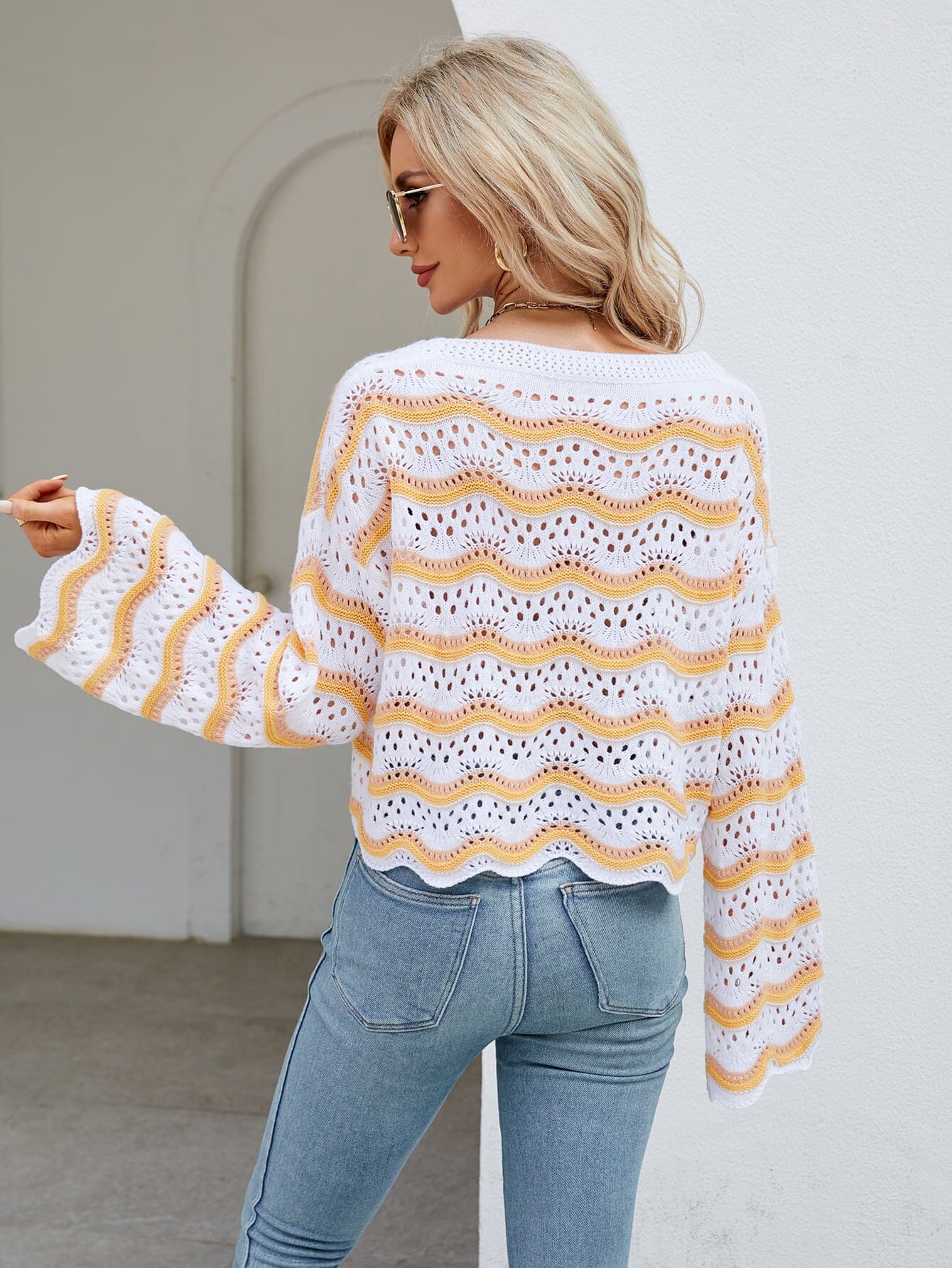 Round Neck Openwork Flare Sleeve Knit Top - Sydney So Sweet