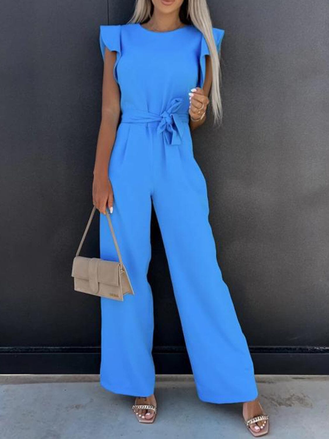 Ruffled Round Neck Cap Sleeve Jumpsuit - Sydney So Sweet