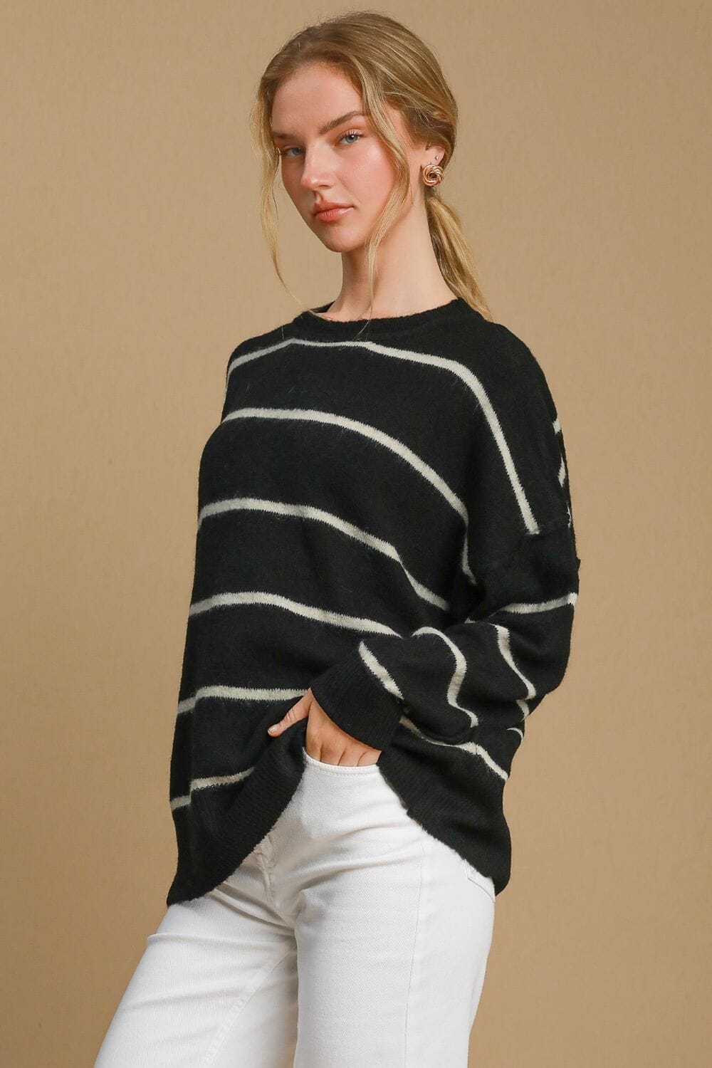 Umgee Wool Blend Striped Round Neck Sweater - Sydney So Sweet