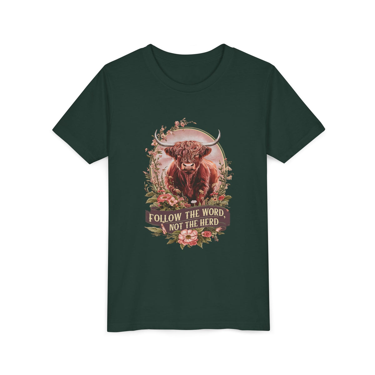 Follow the Word Not the Herd Kids T-Shirt Highland Cow Christian Graphic Tee