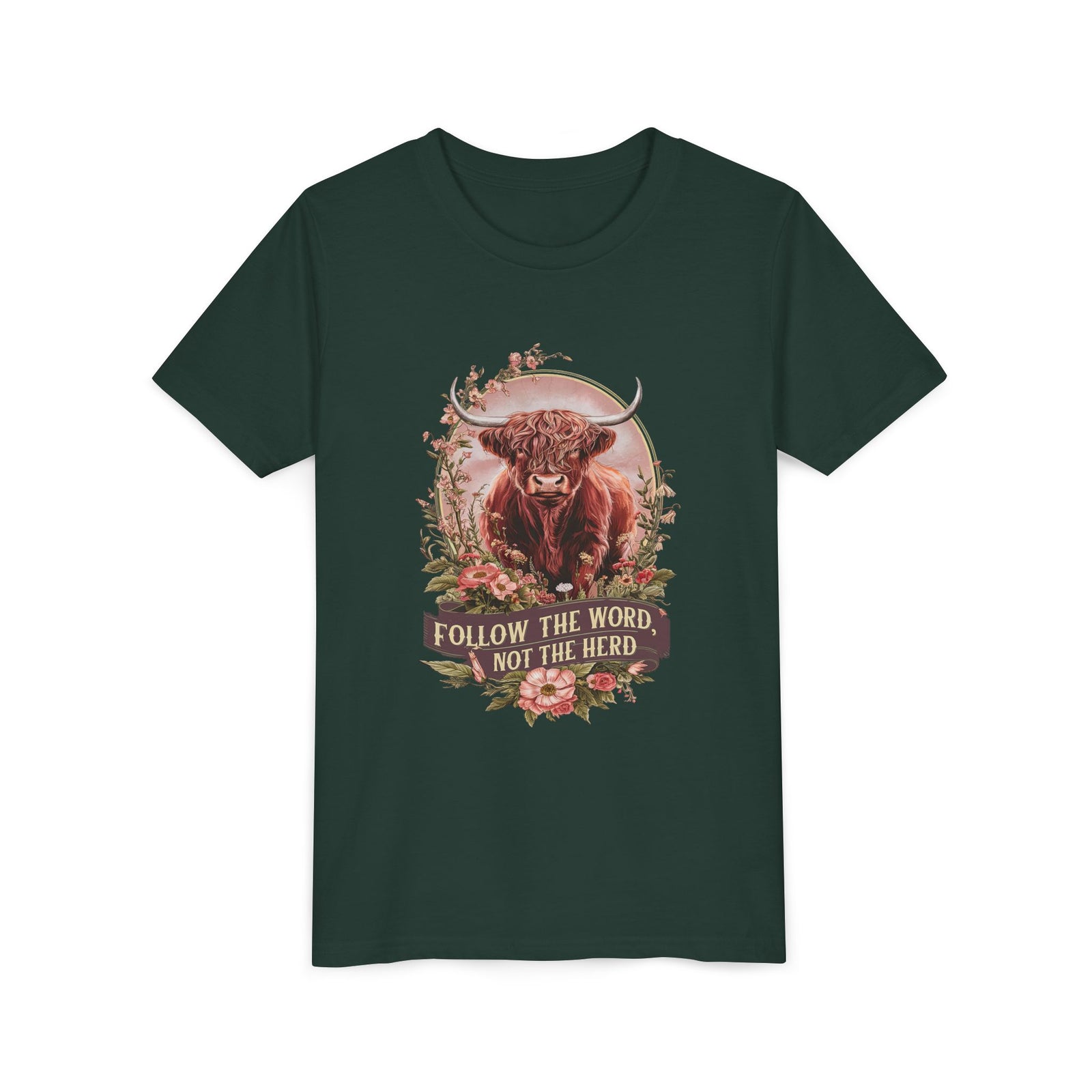 Follow the Word Not the Herd Kids T-Shirt Highland Cow Christian Graphic Tee