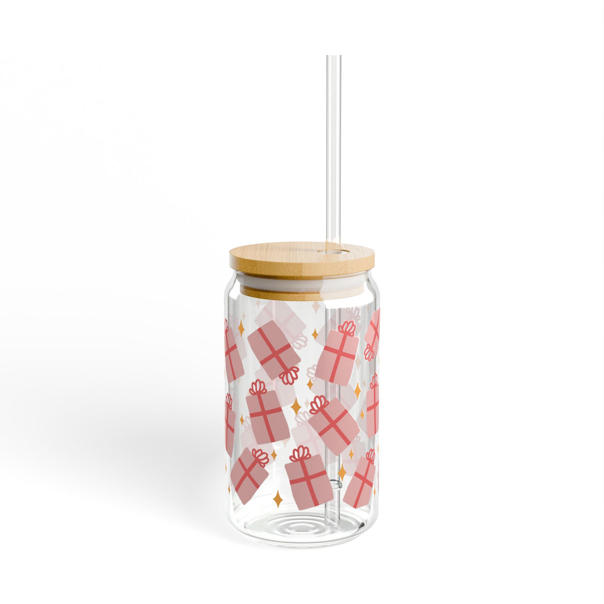 Pretty Christmas Gifts Sipper Glass 16oz Reusable Drink Jar with Lid & Straw