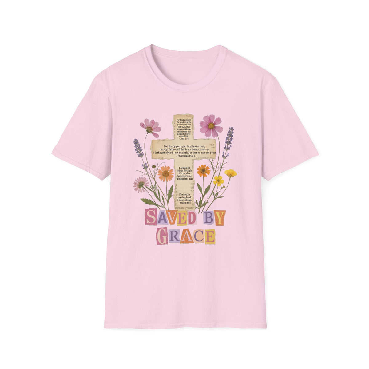 Saved by Grace Collage Floral Cross Tee Bible Verse Christian T-Shirt