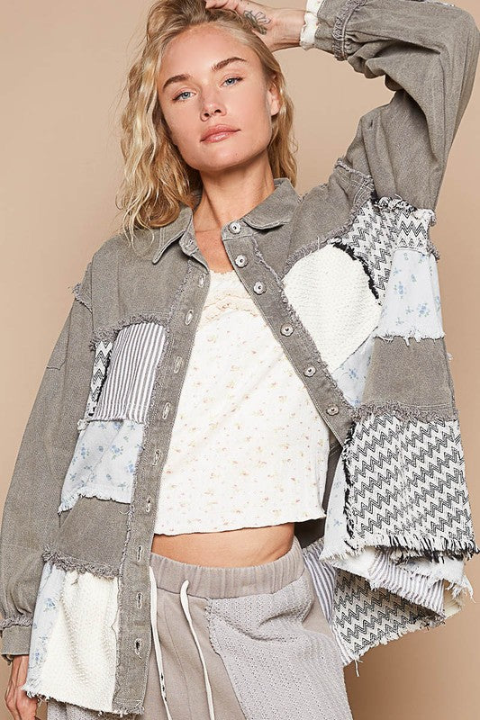 POL Raw Hem Patchwork Dropped Shoulder Jacket - Sydney So Sweet