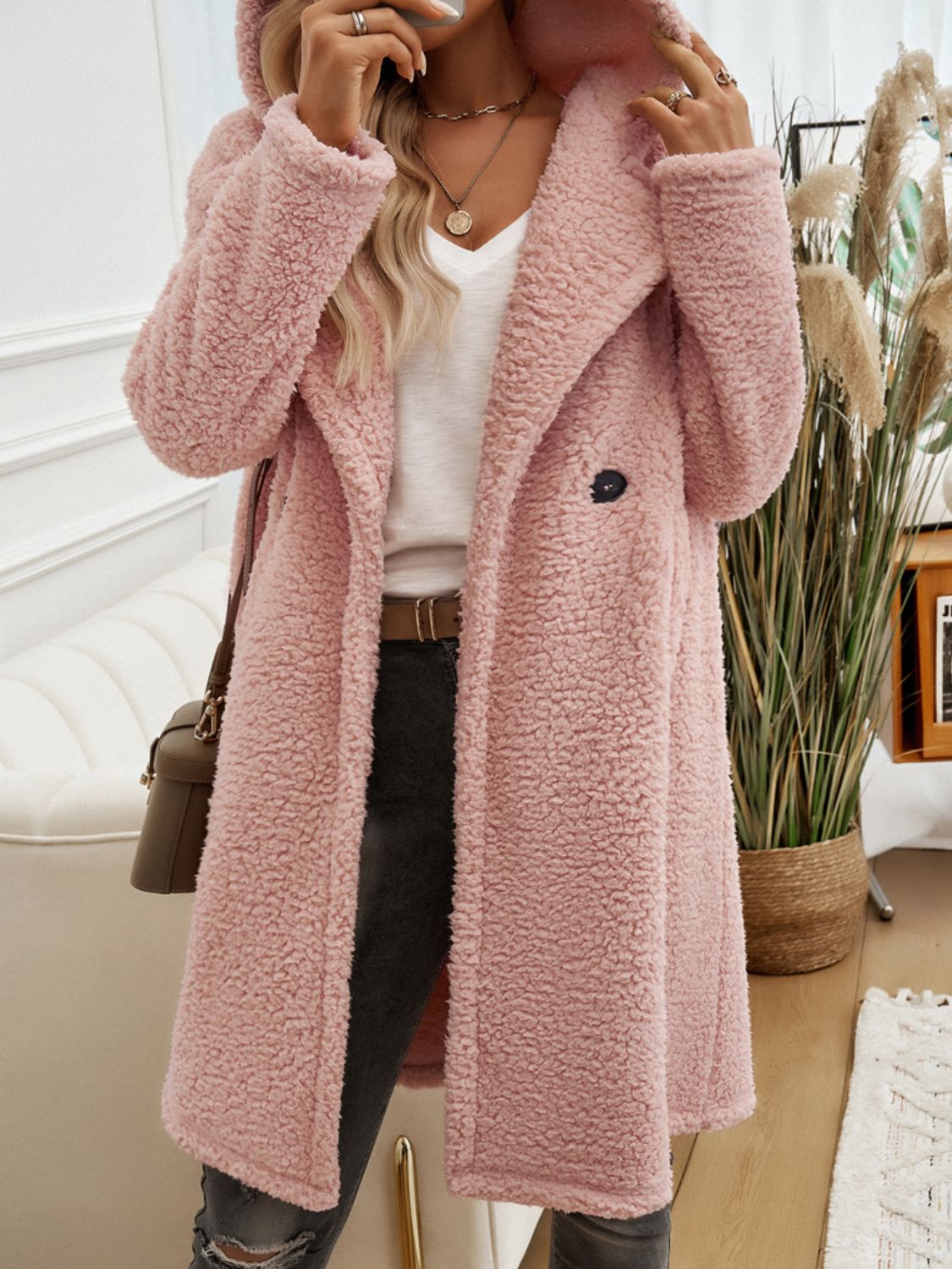 Devine Pocketed Long Sleeve Hooded Teddy Coat - Sydney So Sweet