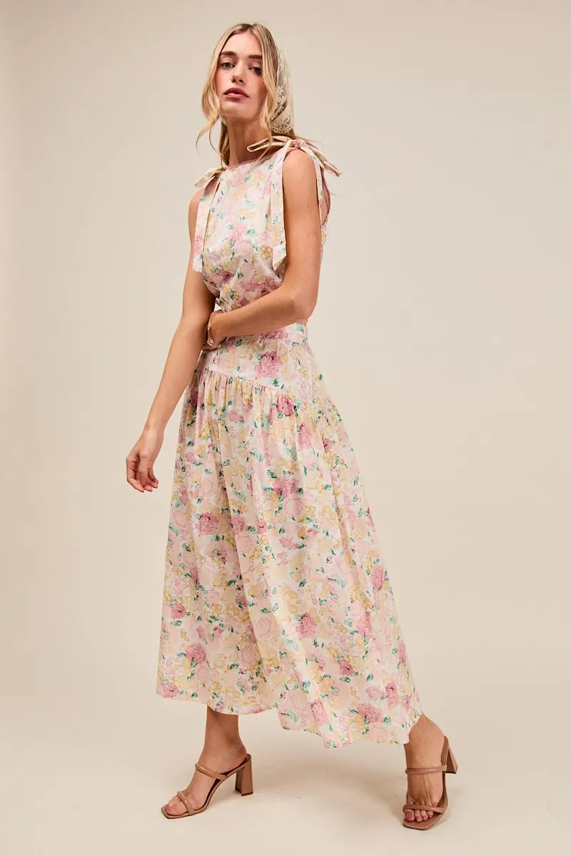 SO ME Floral Printed Woven Shoulder Bow Tie Top and Skirt Set - Sydney So Sweet