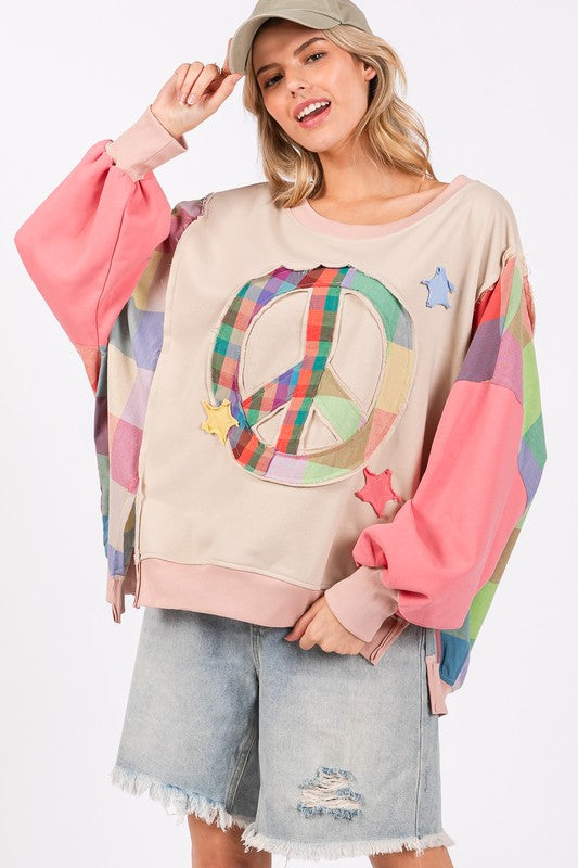 SAGE + FIG Full Size Contrast Peace Patch Dropped Shoulder Sweatshirt - Sydney So Sweet