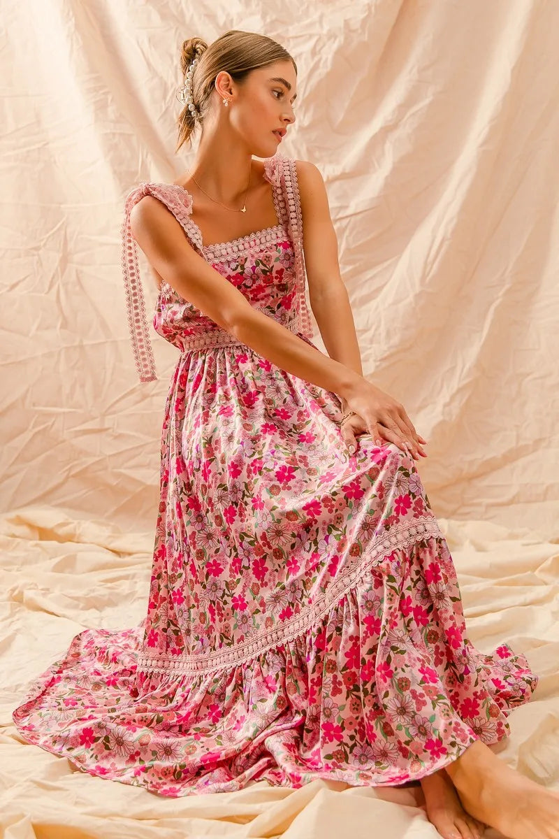 SO ME Floral Maxi Dress With Ribbon Tie Lace Strap - Sydney So Sweet
