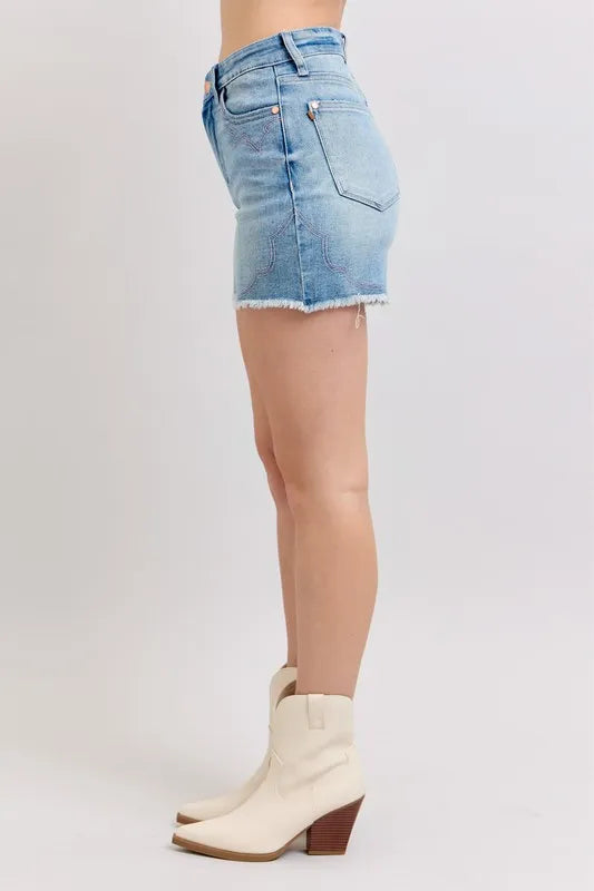 Judy Blue High Waist Western Embroidery Detail Cut Off Denim Shorts - Sydney So Sweet