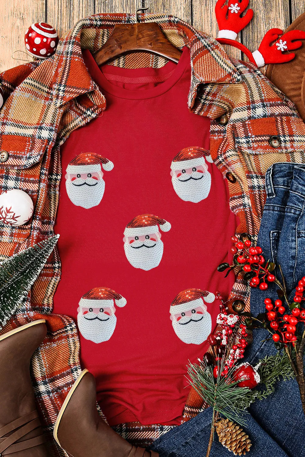 Sequin Santa Round Neck Short Sleeve T-Shirt - Sydney So Sweet