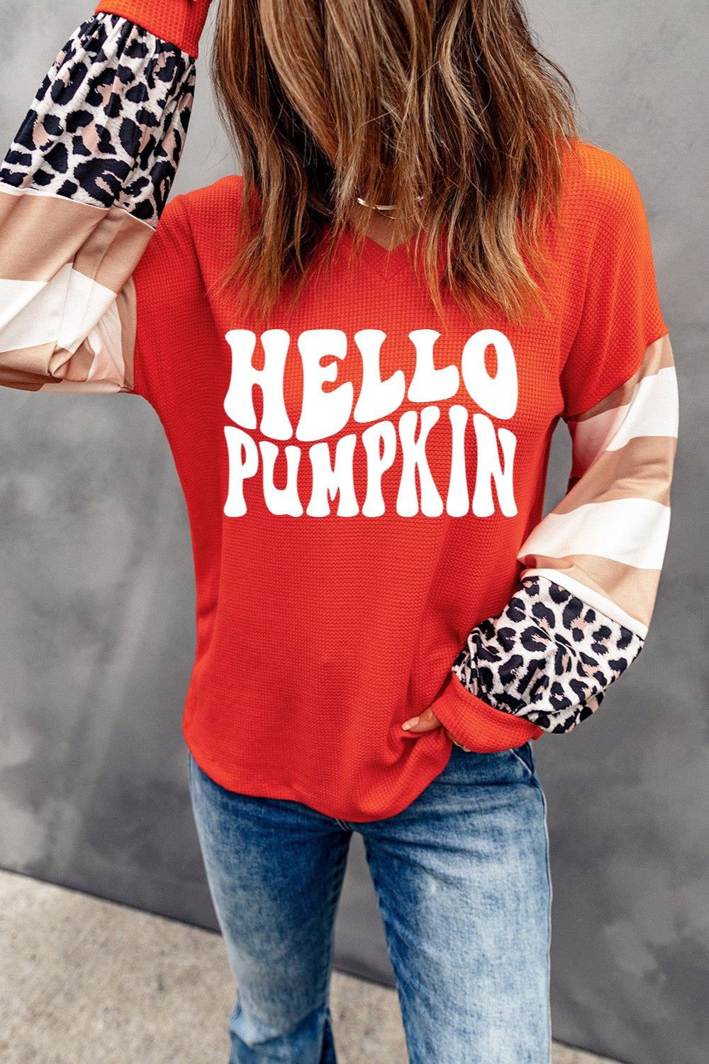 Hello Pumpkin Women&#39;s Leopard Graphic V-Neck Long Sleeve Top - Sydney So Sweet