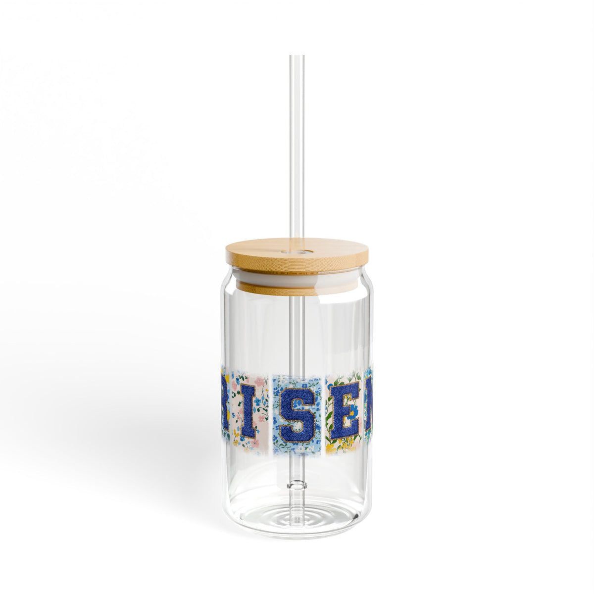 Risen Floral Faux Patch Christian Easter Sipper Glass 16oz Reusable Drink Jar with Lid & Straw