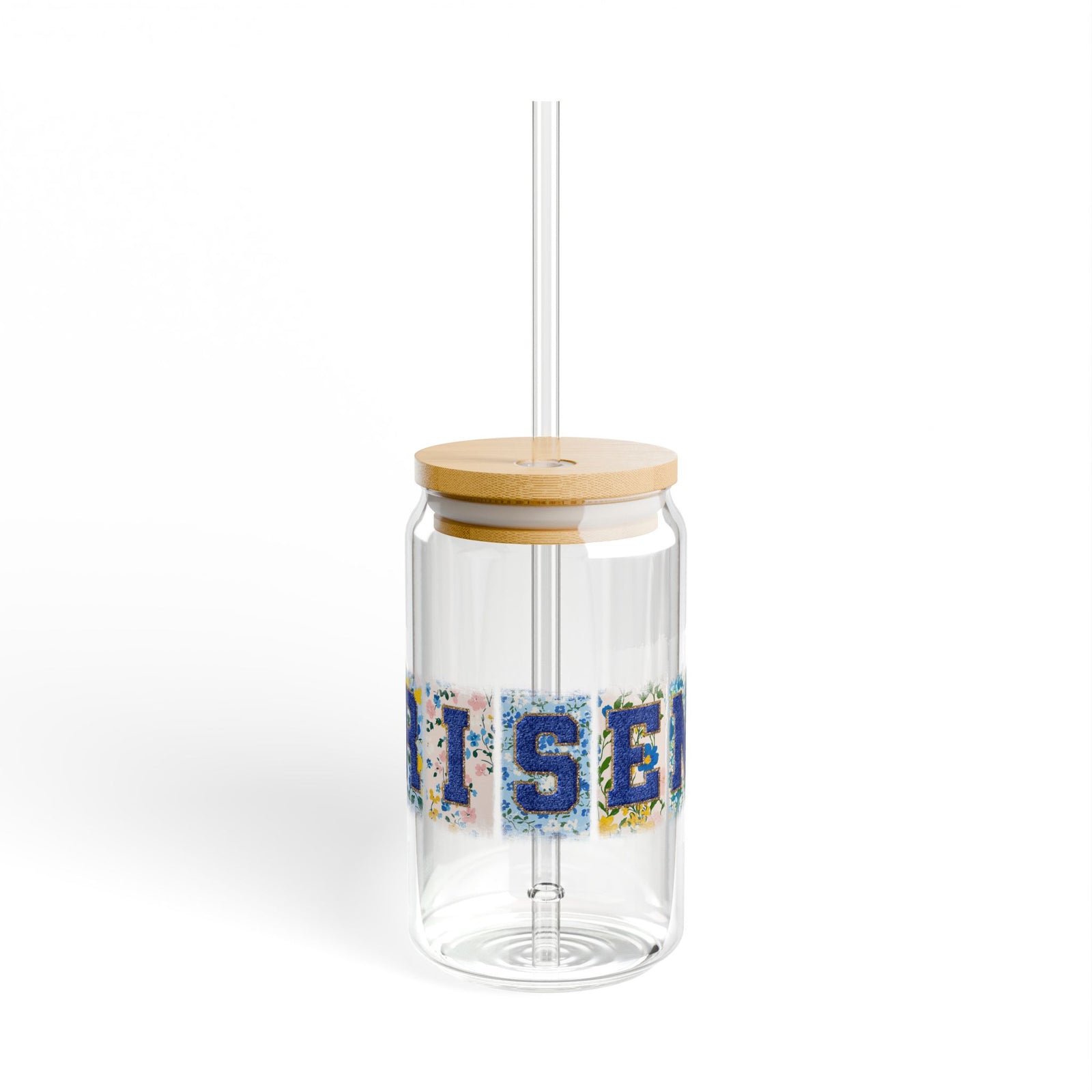 Risen Floral Faux Patch Christian Easter Sipper Glass 16oz Reusable Drink Jar with Lid & Straw