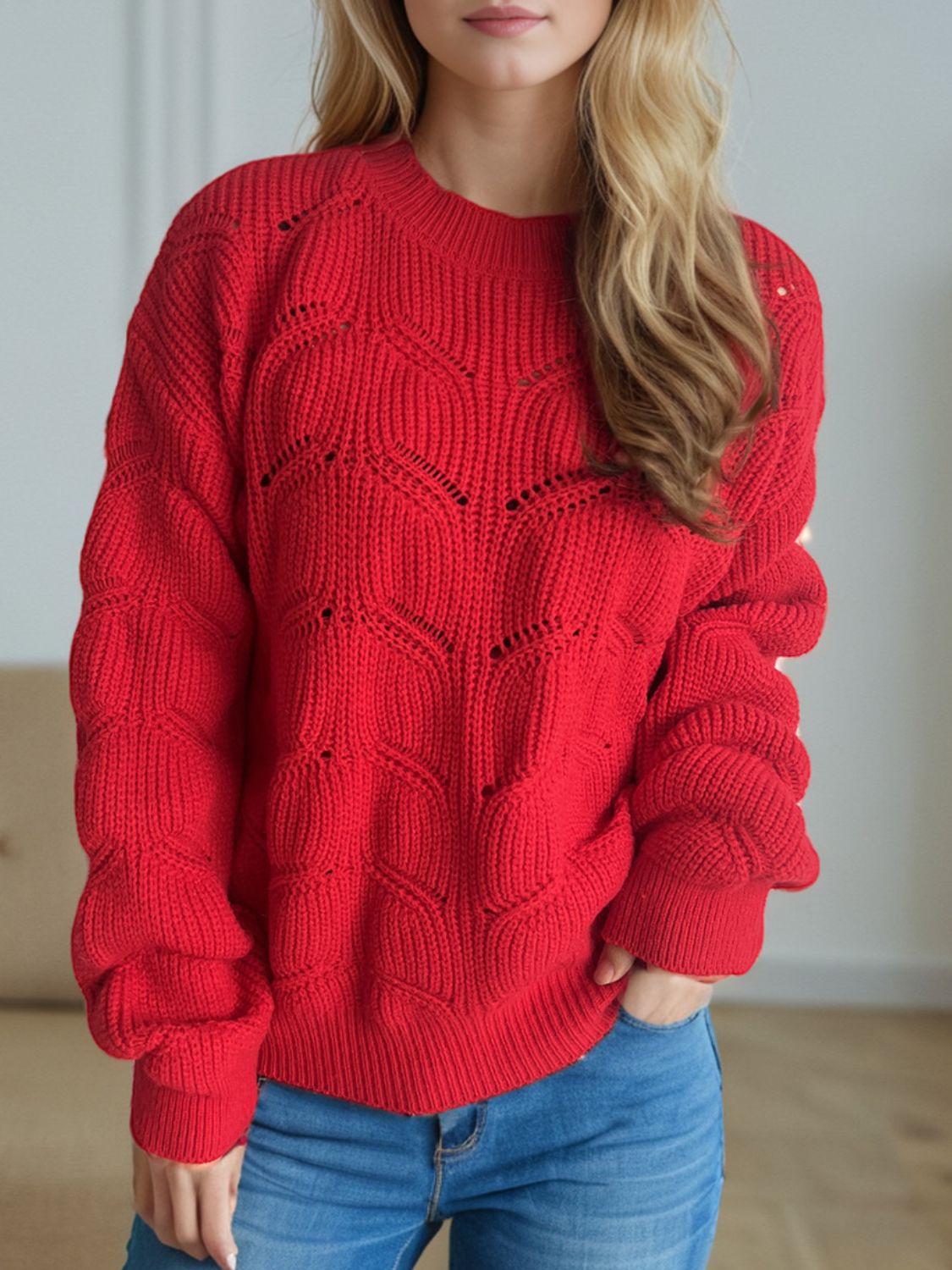 Openwork Round Neck Dropped Shoulder Sweater - Sydney So Sweet