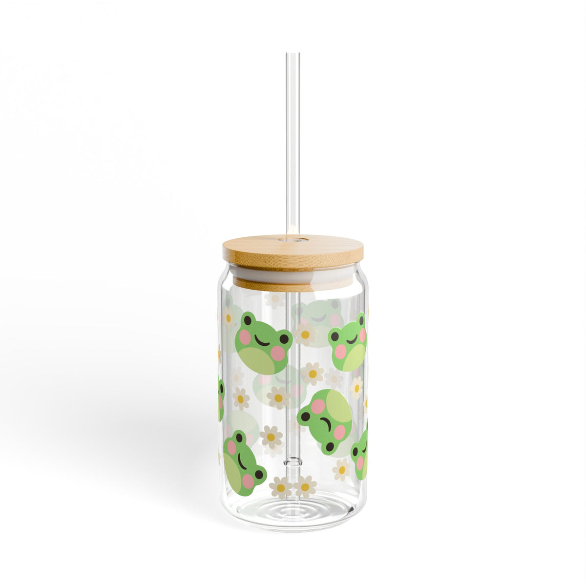Kawaii Frog Daisy Tumbler Sipper Glass 16oz — Reusable Drink Jar with Lid & Straw - Sydney So Sweet