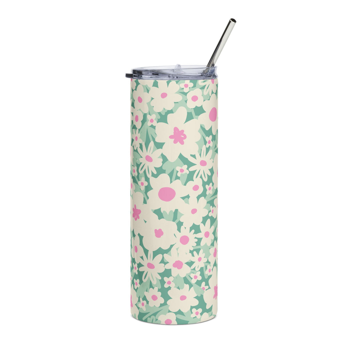 Pastel Pink & Green Daisy 20oz Floral Stainless Tumbler Travel Cup