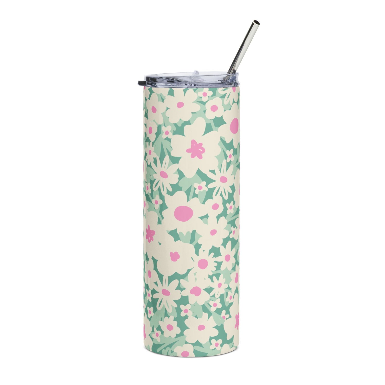 Pastel Pink & Green Daisy 20oz Floral Stainless Tumbler Travel Cup