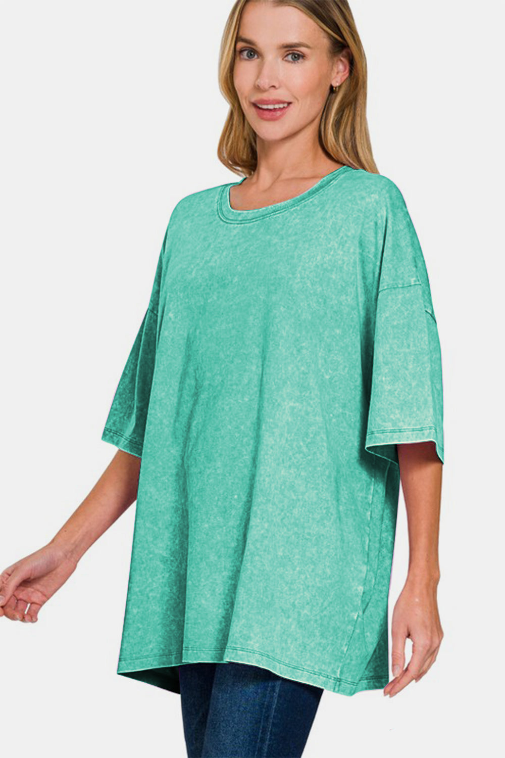 Zenana Full Size Washed Round Neck Drop Shoulder Oversized T-Shirt - Sydney So Sweet