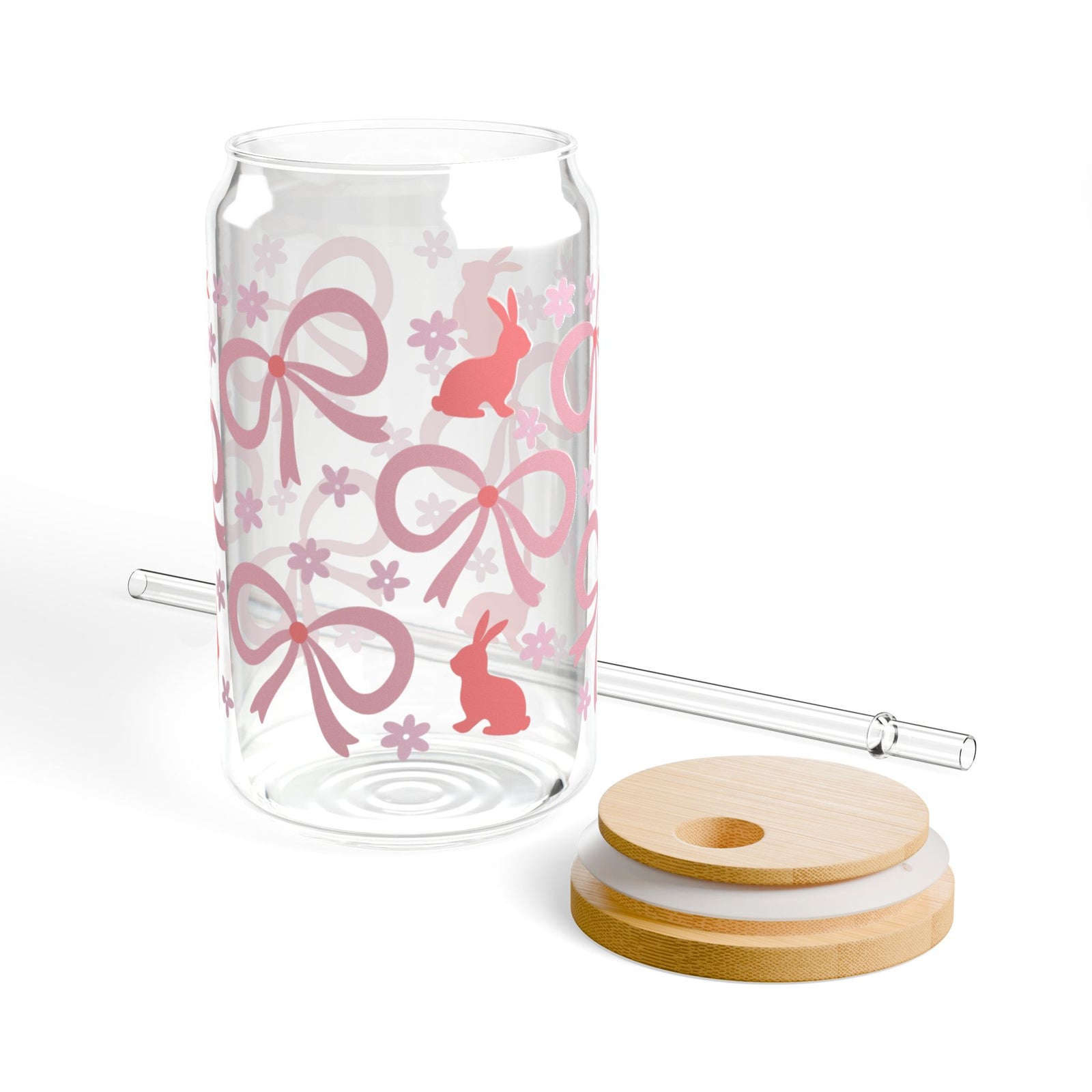 Pink Bunny Bows Tumbler Sipper Glass 16oz — Reusable Drink Jar with Lid & Straw