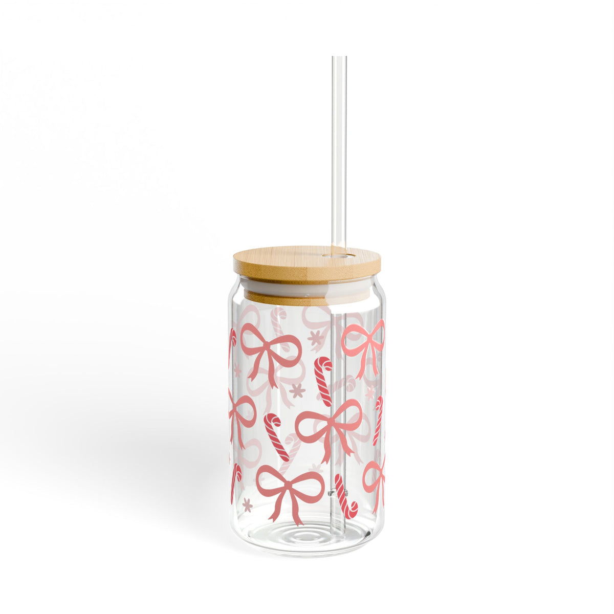 Candy Cane Coquette Sipper Glass 16oz Reusable Drink Jar with Lid & Straw