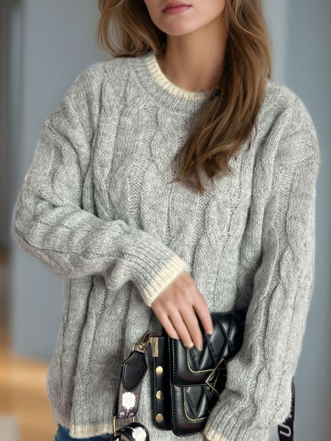 Cable Knit Round Neck Long Sleeve Sweater - Sydney So Sweet