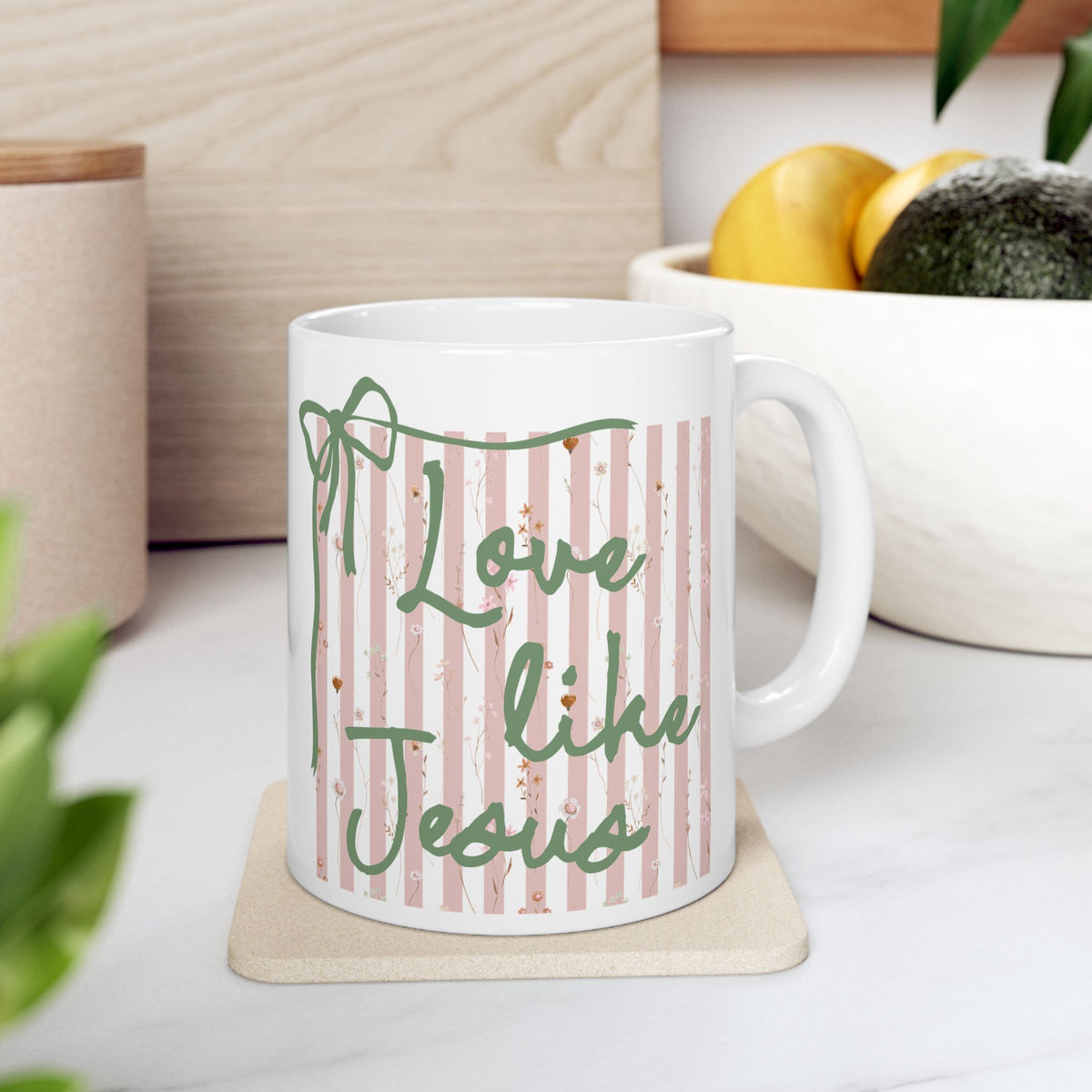 Love Like Jesus Pink Stripe Inspirational Ceramic Mug Coffee Cup (11oz & 15oz)