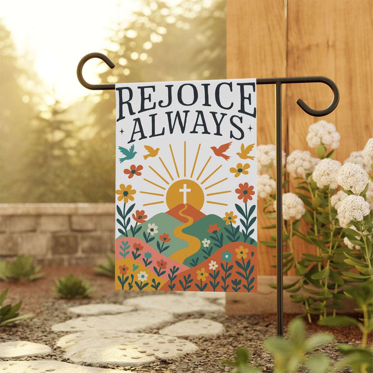 Rejoice Always Garden Flag Christian Banner with Cross & Floral Sunrise