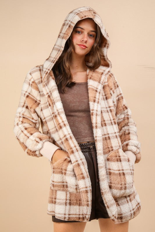 VERY J Fuzzy Plaid Long Sleeve Hooded Jacket - Sydney So Sweet