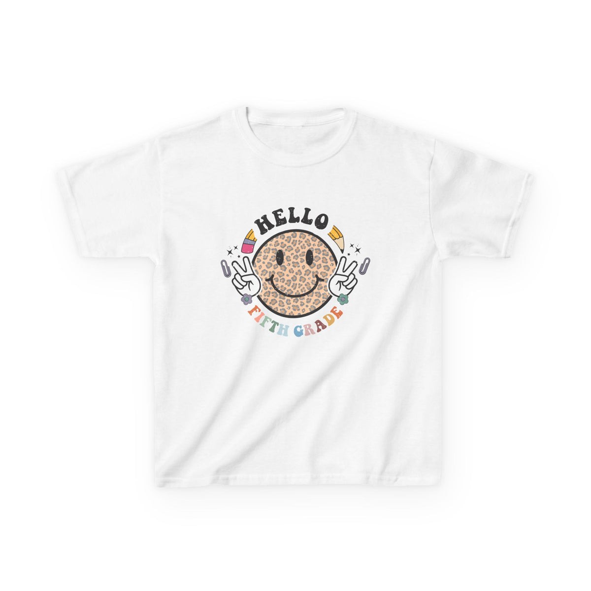 Fifth Grade Cheetah Smiley Face Graphic Tee Back-to-School 5th Grade Kids T-Shirt